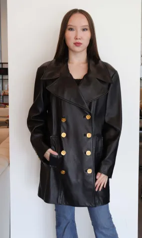 Chanel Logo Button Leather Jacket Black Gold