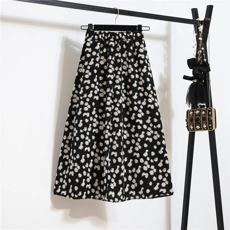Daisy Skirt Women High Waist Floral Long Hip Flattering A-Line Skirt