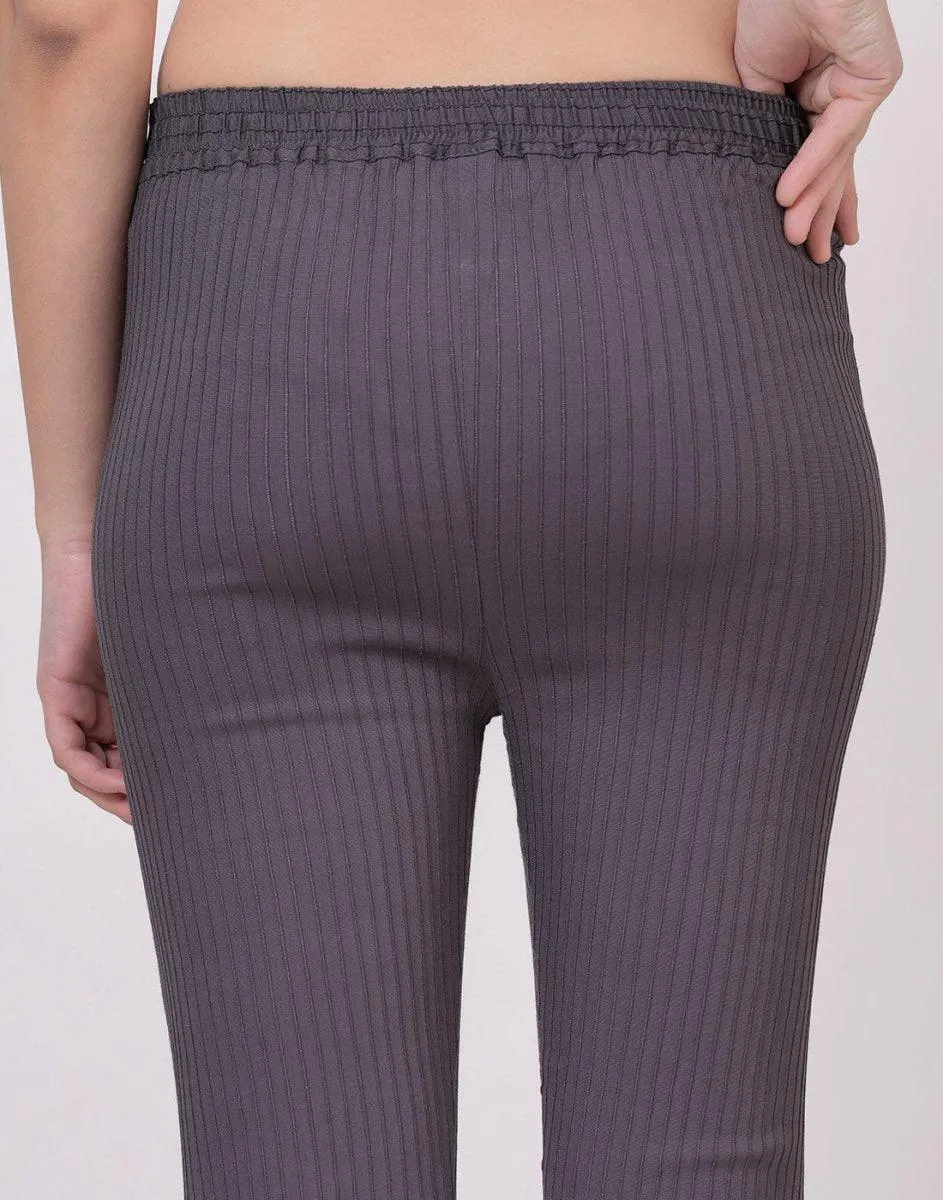 Satrangi Women's Grey Viscose Ribbed Lycra Trouser