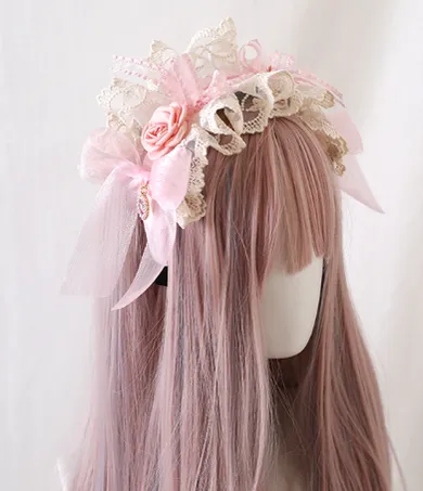 Xiaogui~Mood Limited Pink~Kawaii Lolita Lace Headdress Accessories